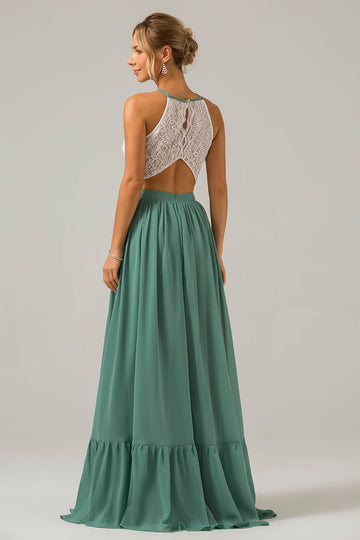 Eukalyptus nøkkelhull Boho Chiffon Long brudepike kjole med blonder